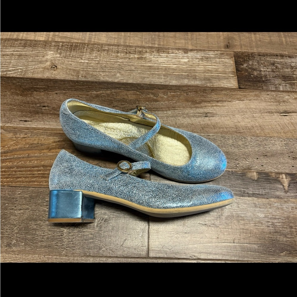 MONNALISA Baby Blue Shimmer Leather Maryjane Heeled Shoes 36 4 Italy Easter